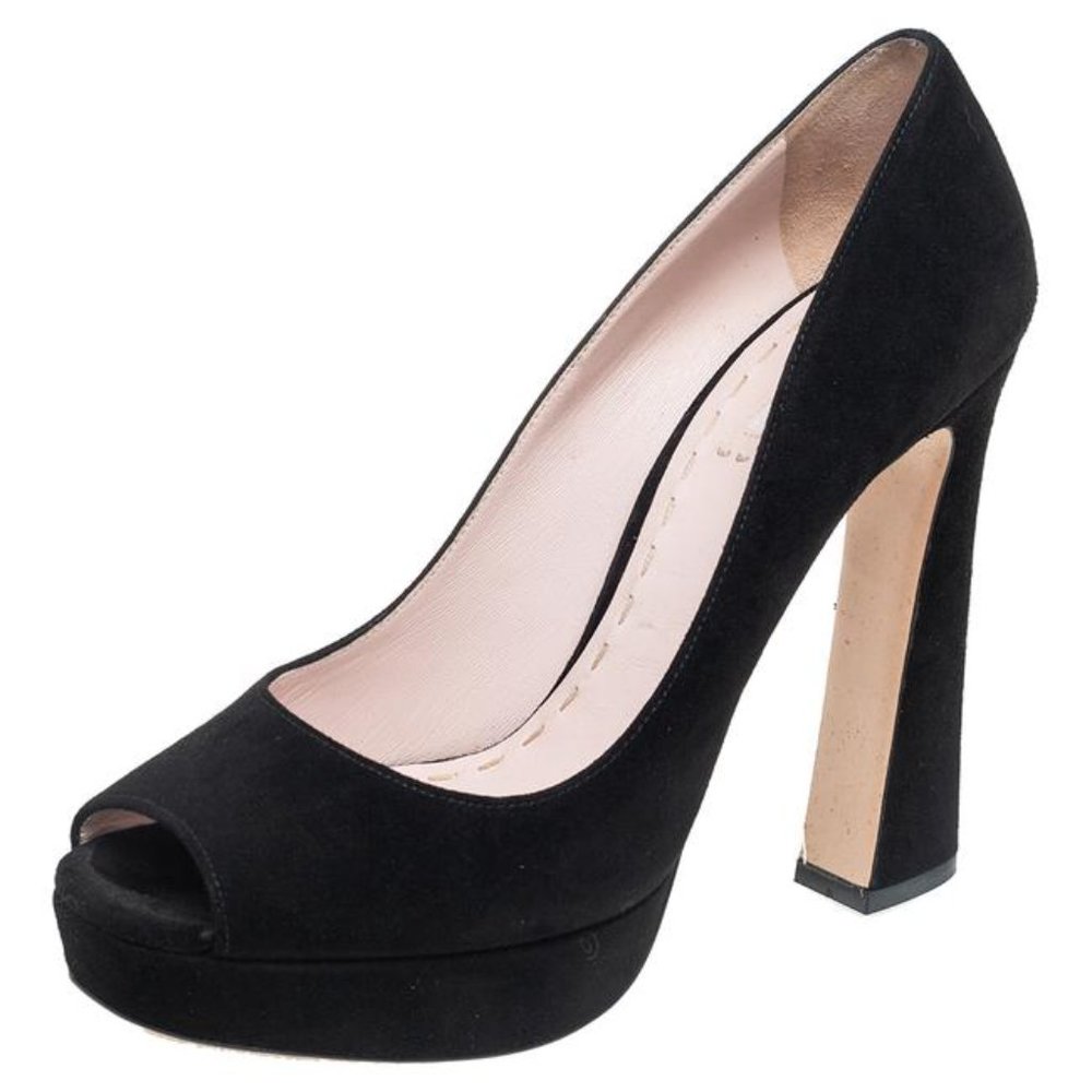 Miu Miu Suede Leather Peep Toe Flared Heel Black Platform Pumps SIZE 39